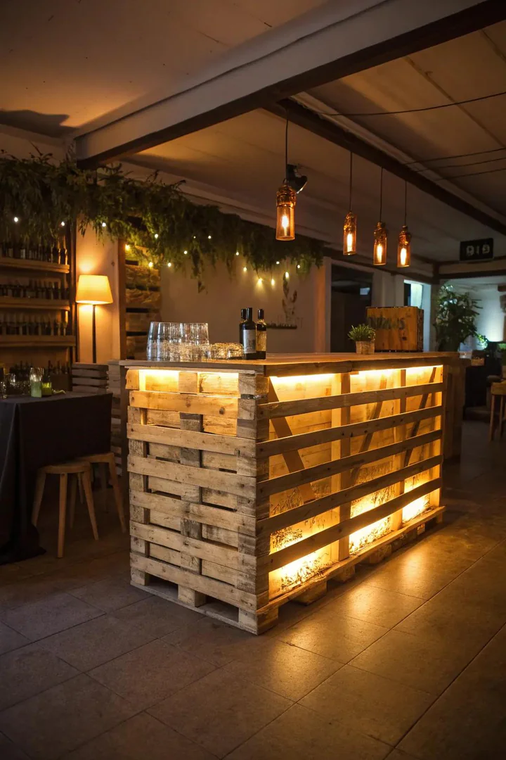 Pallet bar with integrated rope lights, pendant lamps, and candle holders at dusk