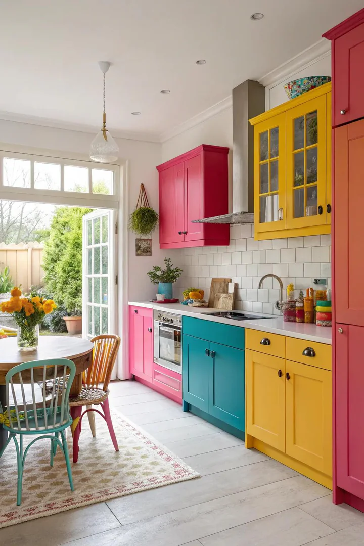 Eat-in kitchen nook with colorful painted chairs and a patterned seat cushion