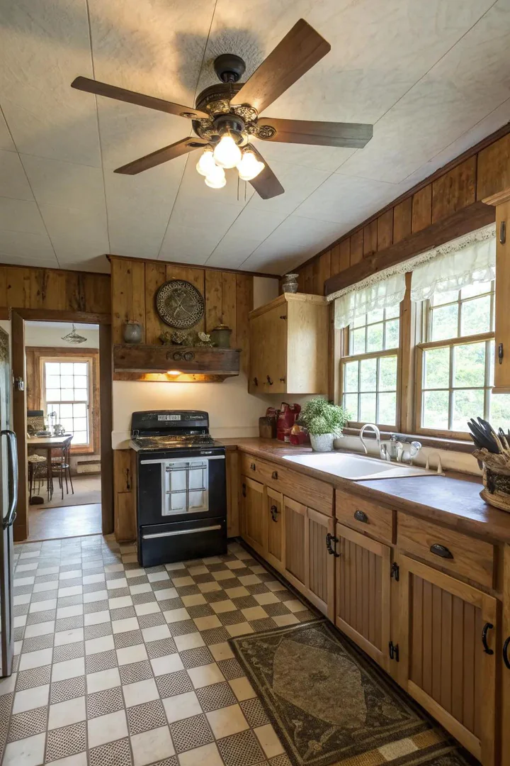 Farmhouse ceiling fan with light kit and wood-finish blades