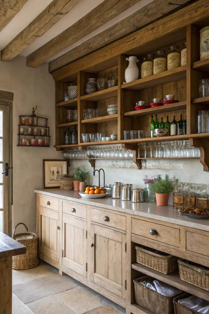 Open pantry storage in a French country kitchen.