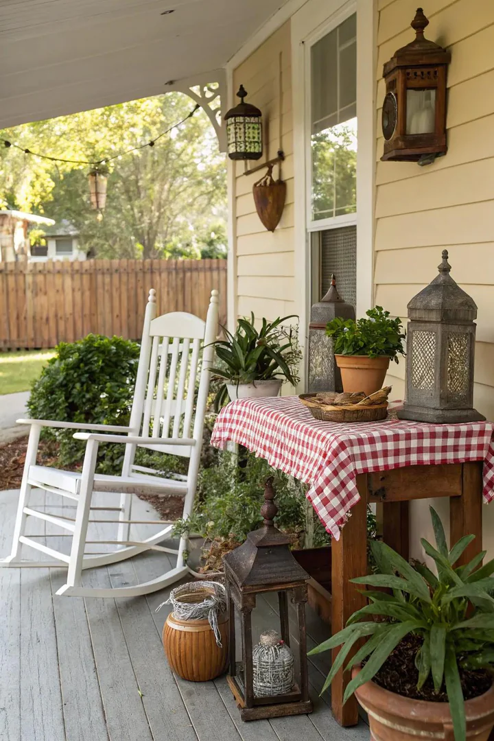 Vintage and salvage finds decorating a Florida front porch.