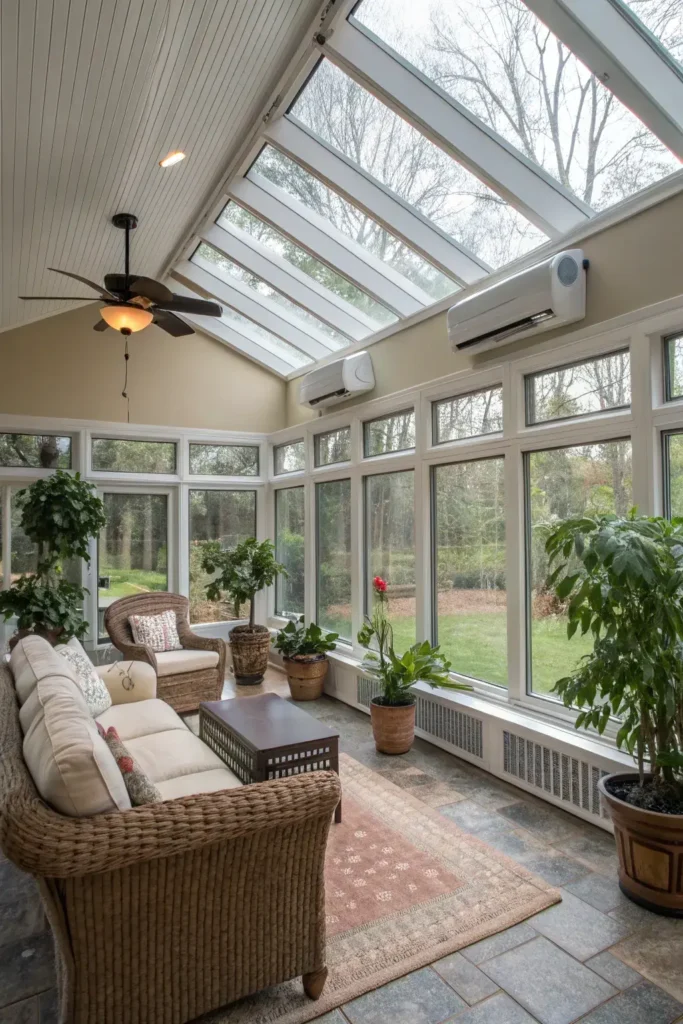 sunroom with a ductless mini-split air conditioner and heated tile floor