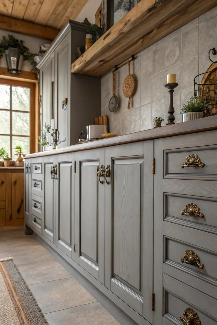 Vintage-inspired grey cabinets with beadboard panel detail.