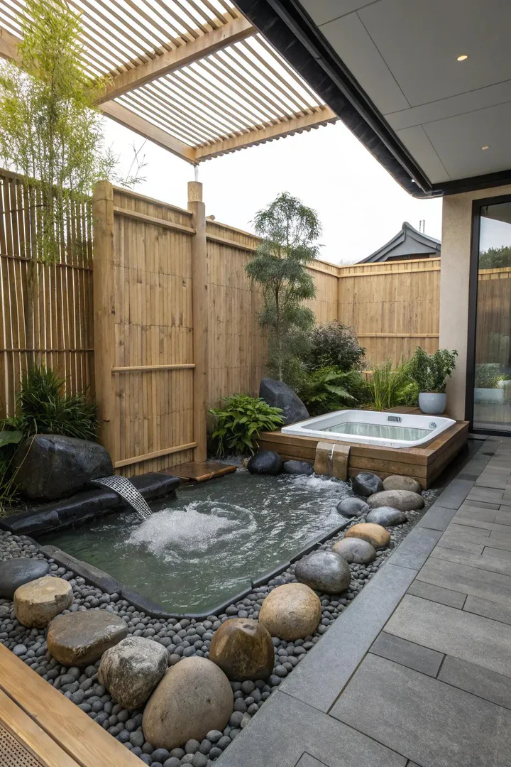 Japanese-inspired zen garden surrounding a hot tub with raked gravel, boulders, and a bamboo fence