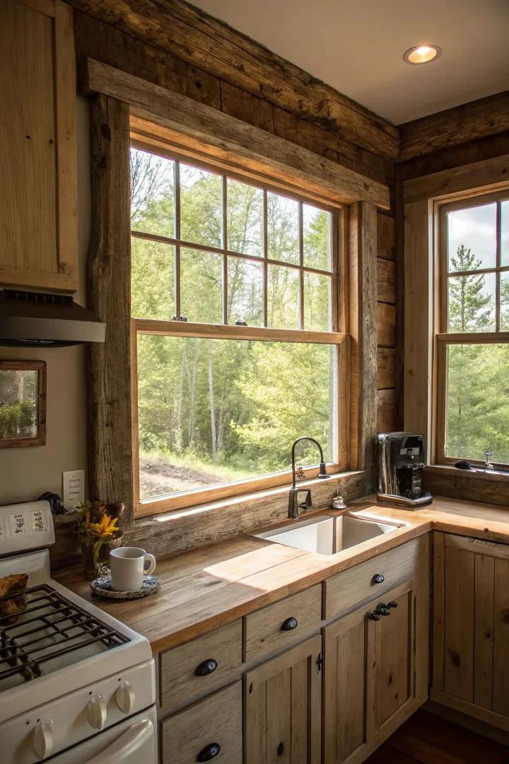 Kitchen window over the sink framed with reclaimed wood.