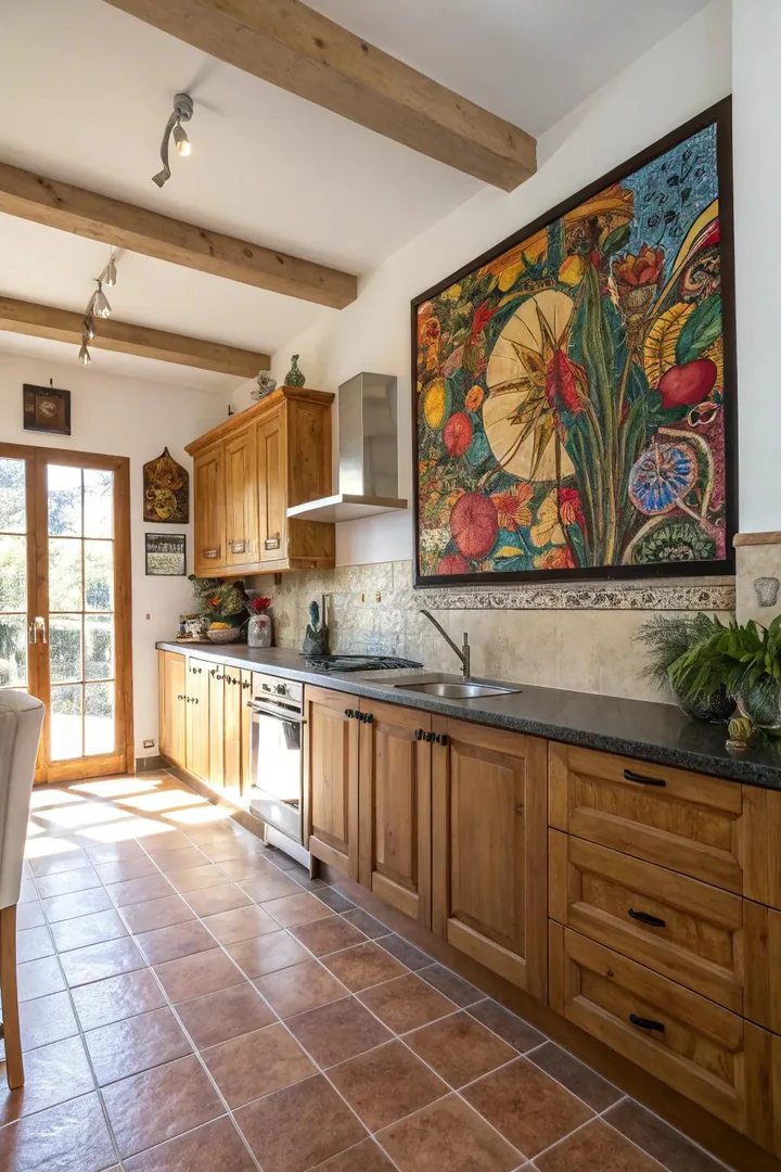 Art piece creating a focal point in a windowless kitchen.