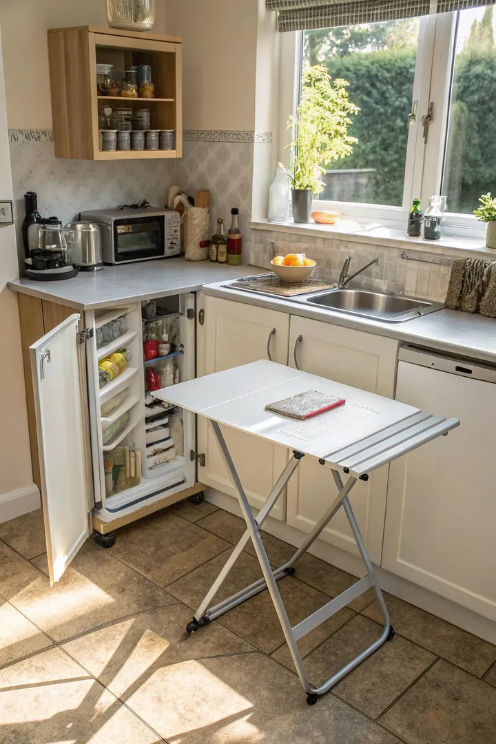 Drop-leaf folding table in a small kitchen.