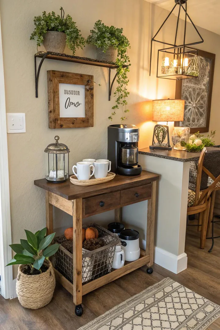 Small coffee station with a Breville machine and ceramic mugs