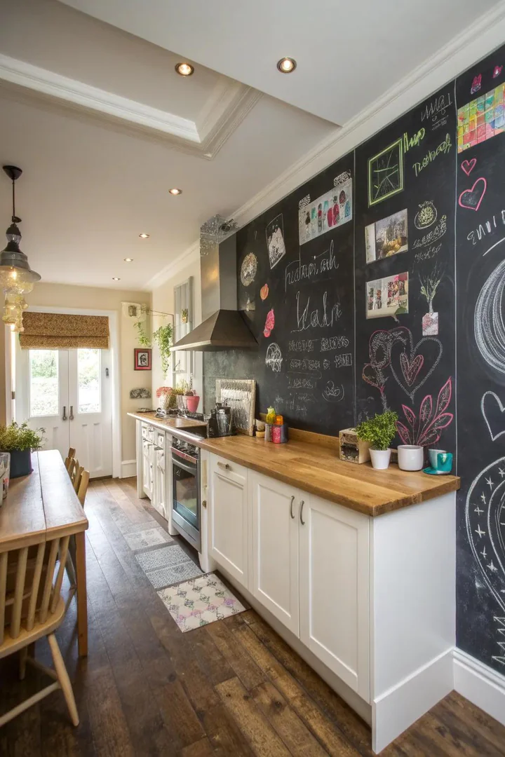 Chalkboard accent wall in a kitchen.