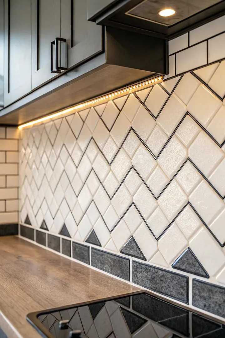 White subway tile backsplash with black grout creating a bold grid pattern