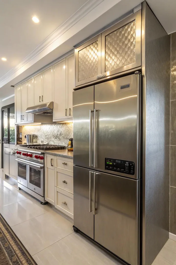 A bulkhead featuring metallic accents that complement modern kitchen appliances.