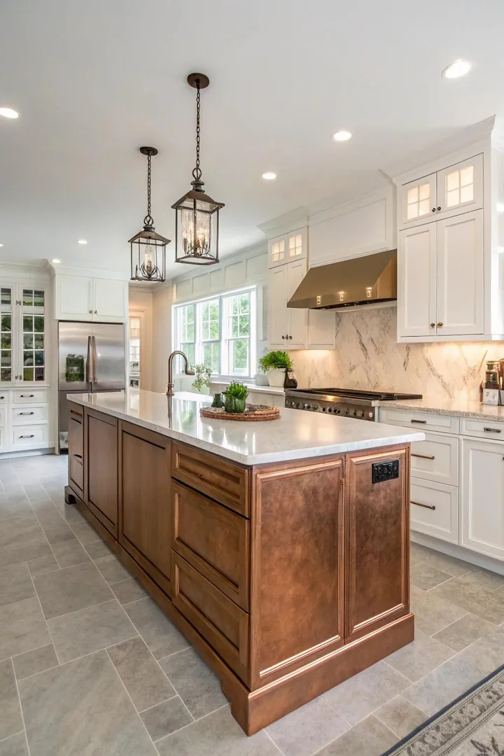 Copper-toned kitchen island with white perimeter cabinets