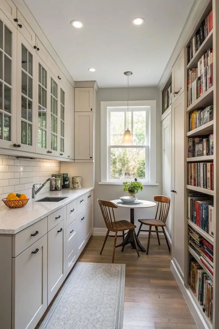 Kitchen with floor-to-ceiling cabinets and open upper shelving