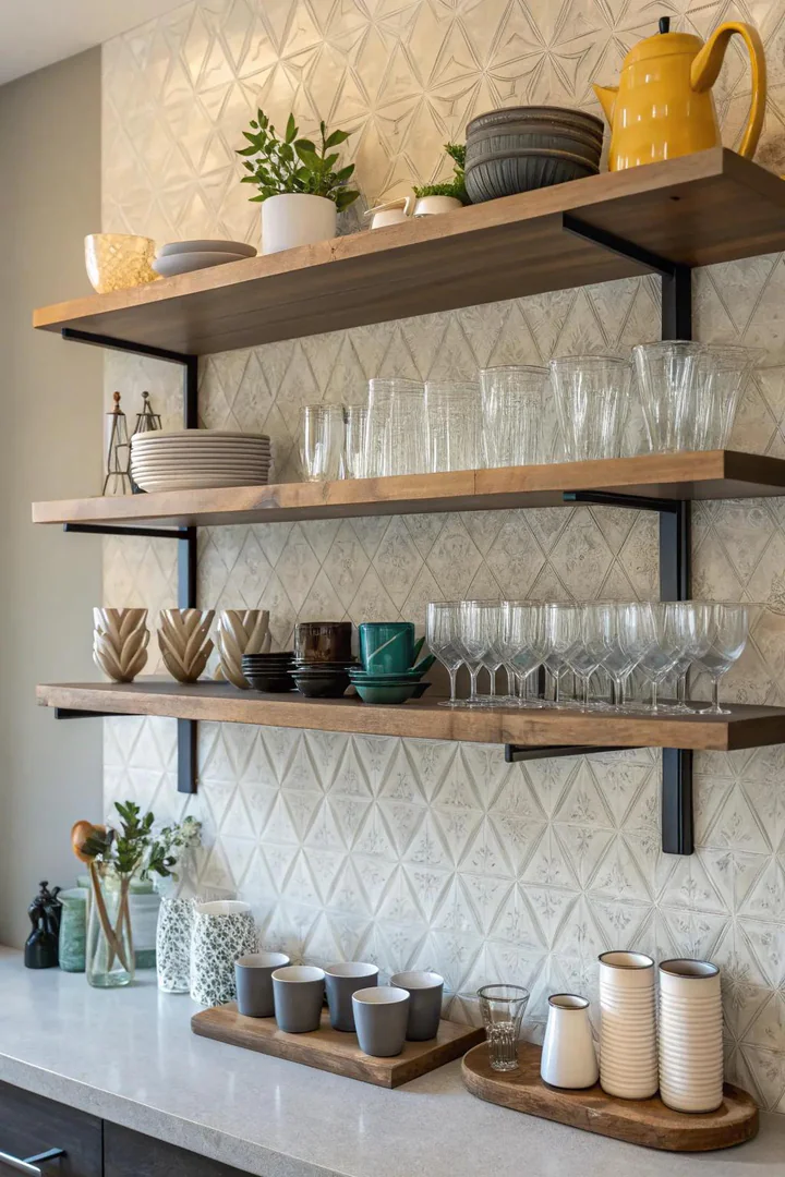 Floating shelves beside a range hood holding spices and oils.