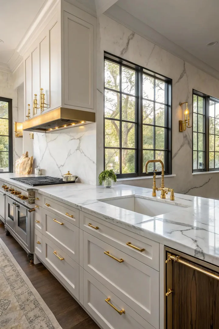 Marble countertop paired with gold cabinet hardware.
