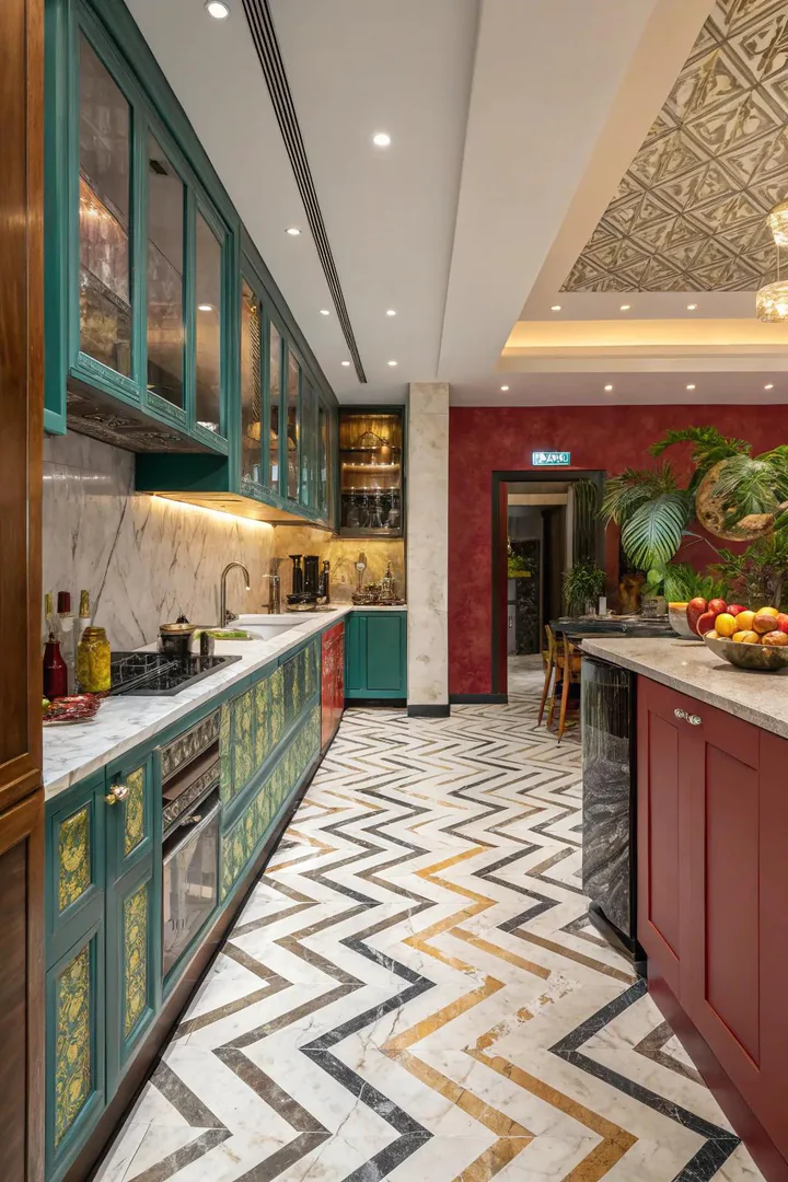 Chevron marble floor pattern in a kitchen.