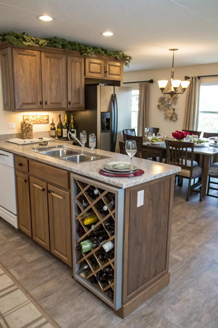 Island end panel with diagonal wine bottle slots holding six bottles