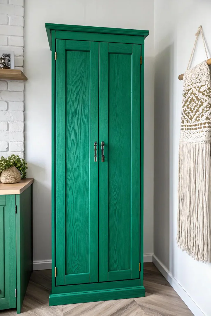 Elegant emerald green painted kitchen cabinets.