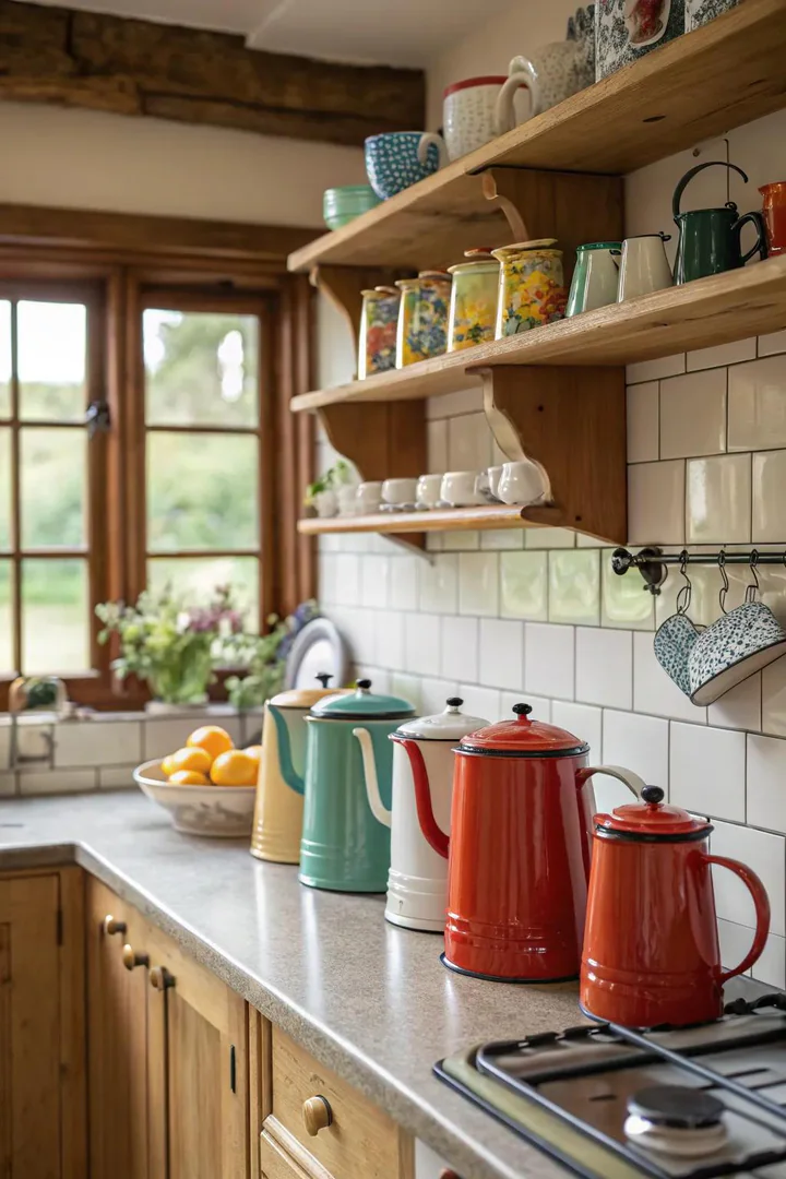 Enamelware accents offer both practicality and a nod to the past.