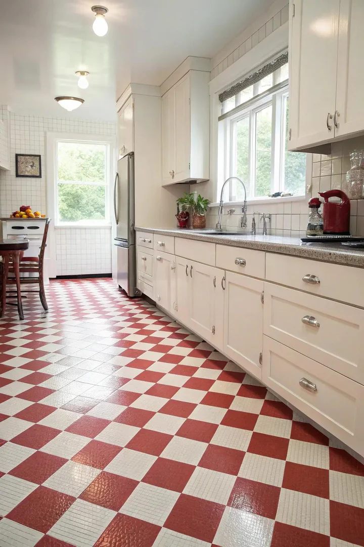 Vintage red and white checkerboard floor tiles in a kitchen.
