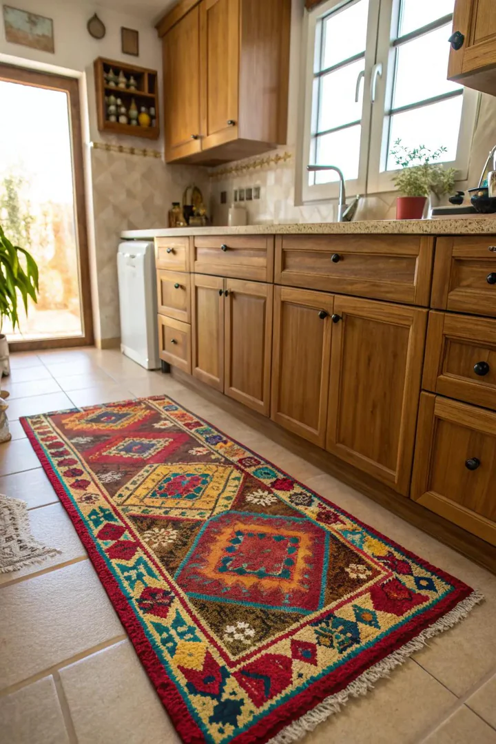 Flat-weave kitchen runner covering dated linoleum flooring