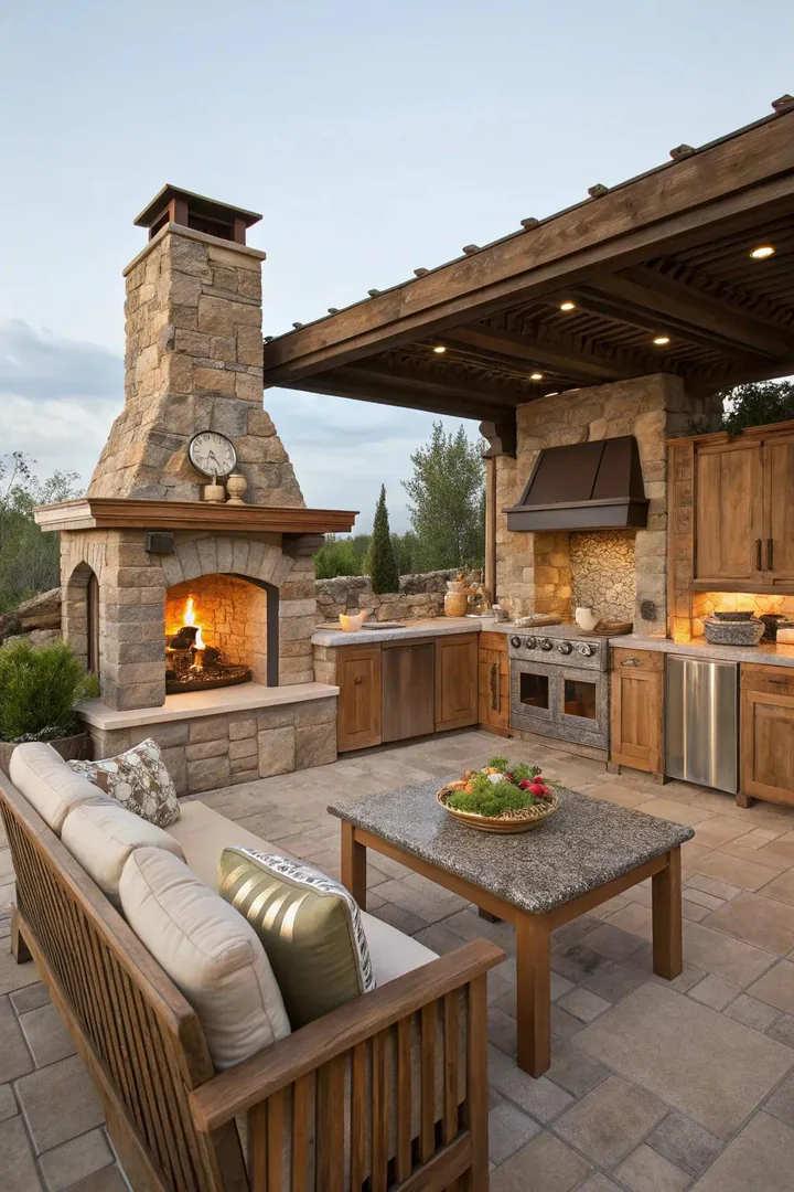 Outdoor fireplace with side cooking counter.
