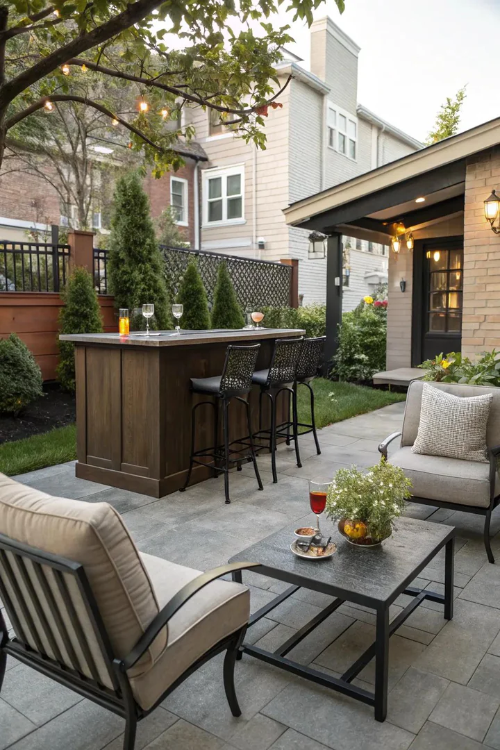 Narrow bar counter with bar stools along a townhouse patio wall with a shelf for bottles