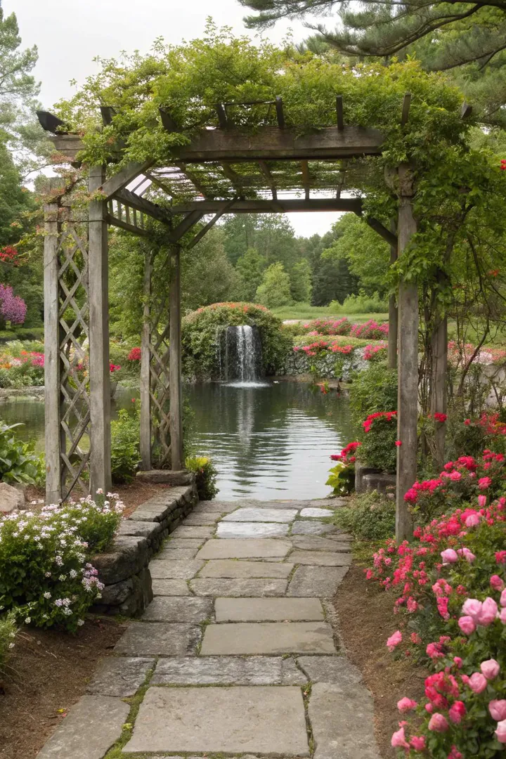 Arbor combined with a water feature for a garden focal point.