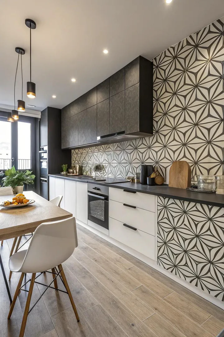 Geometric pattern wainscoting in a kitchen.