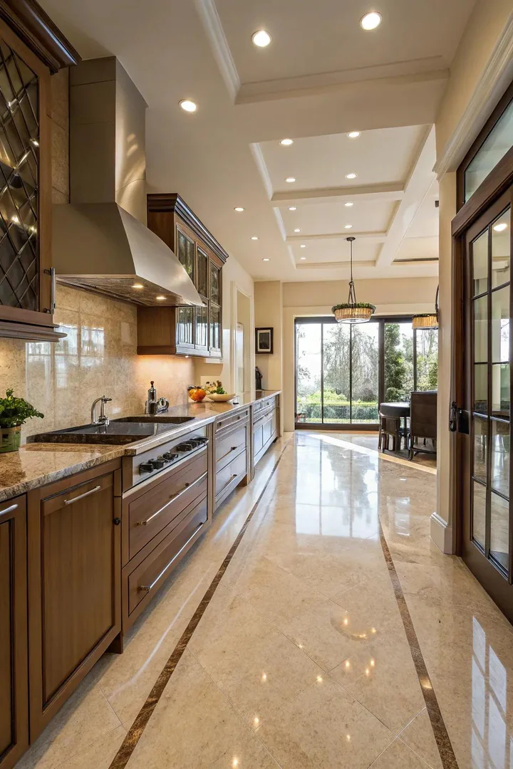 Slip-resistant flooring in a wheelchair accessible kitchen.