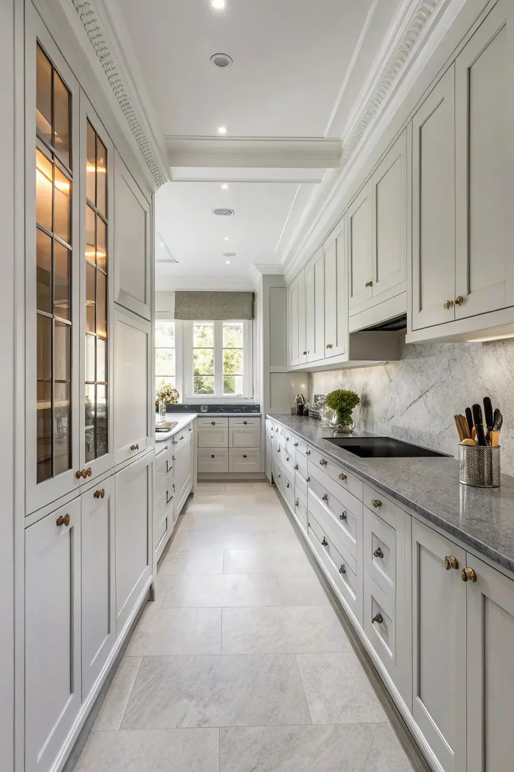 Ceiling-height white cabinets with gray quartz countertops.