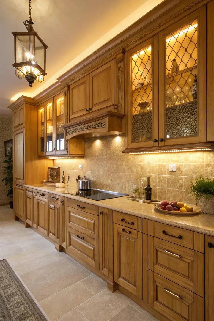 Warm honey-toned wood kitchen cabinets.