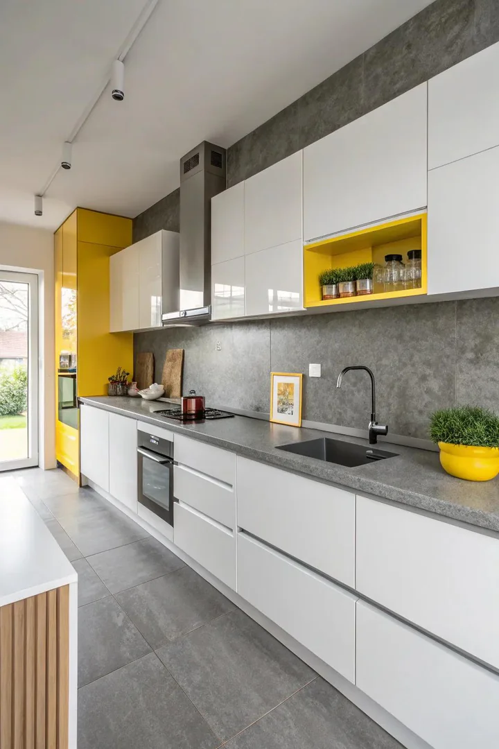 Grey countertops with yellow accessories on white cabinets.