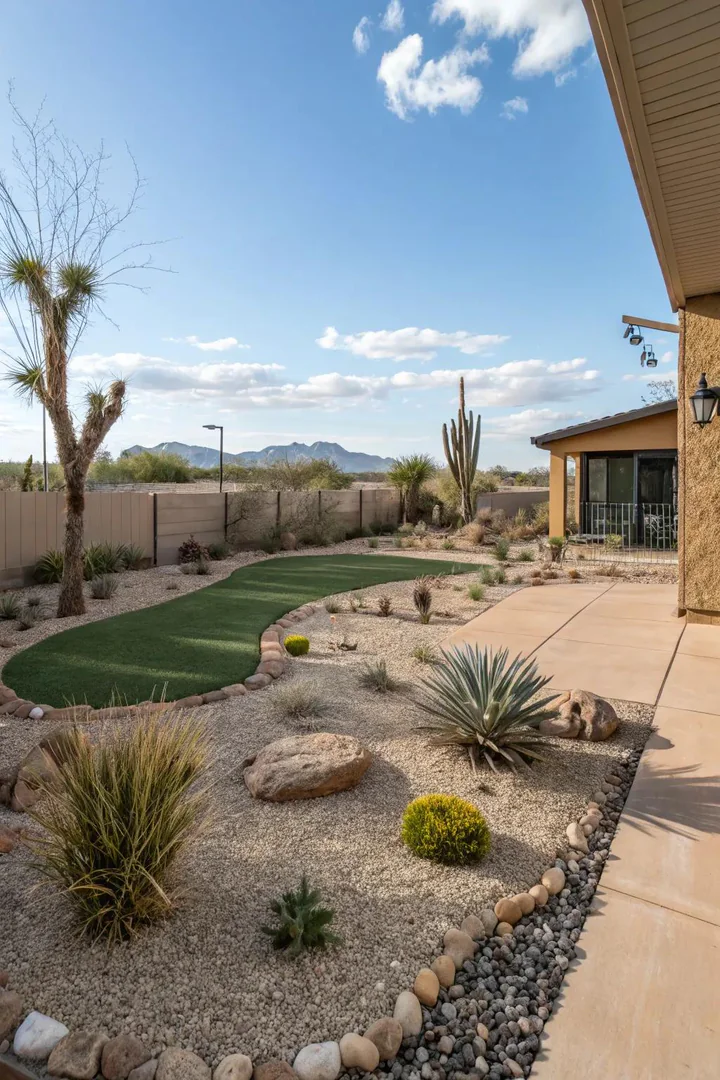 Section of artificial turf installed in a desert backyard for a green lawn look without watering