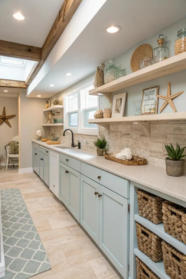 Coastal basement kitchen with light blue cabinets, white counters, and rattan accents
