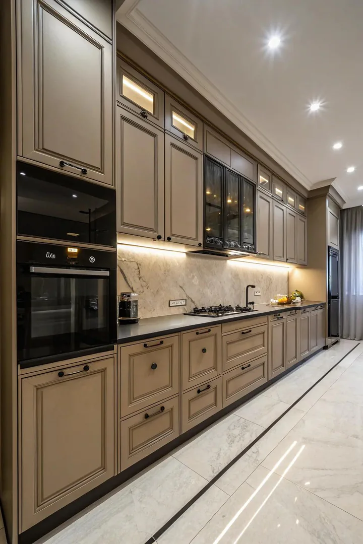 Black hardware adds a modern touch to beige cabinetry.