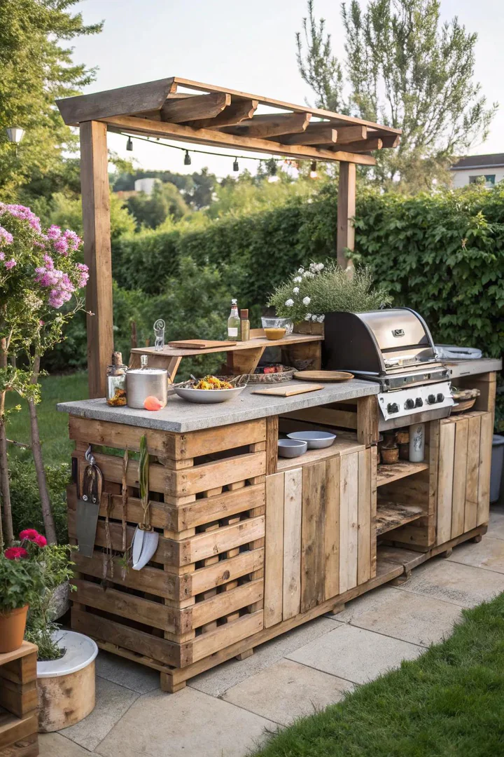 Pallet bar integrated into an outdoor kitchen with grill station and prep counter