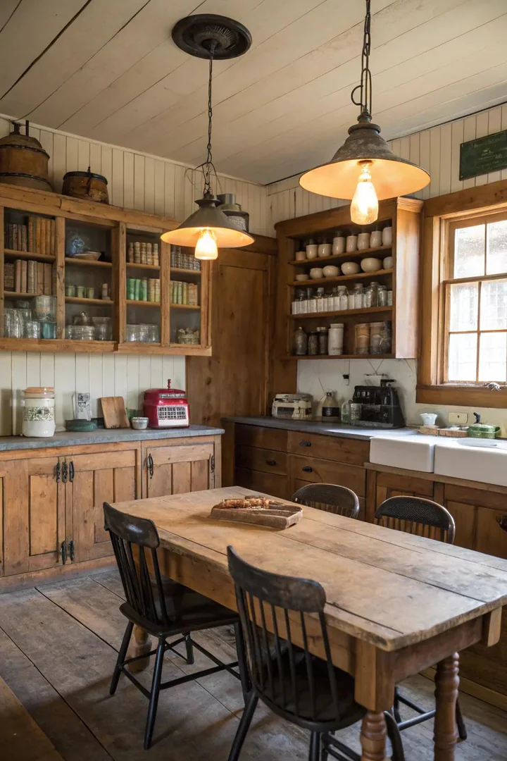 Vintage schoolhouse globe light fixture in a farmhouse kitchen