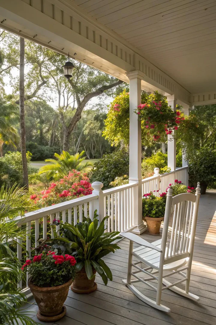 Potted palms and hanging ferns on a Florida front porch.