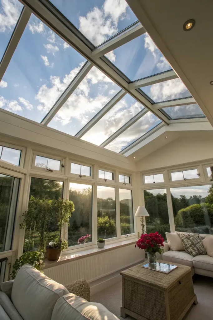 sunroom with two Velux skylights in the solid roof section adding overhead light