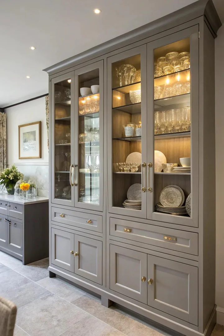Glass-front upper cabinets with painted grey frames.
