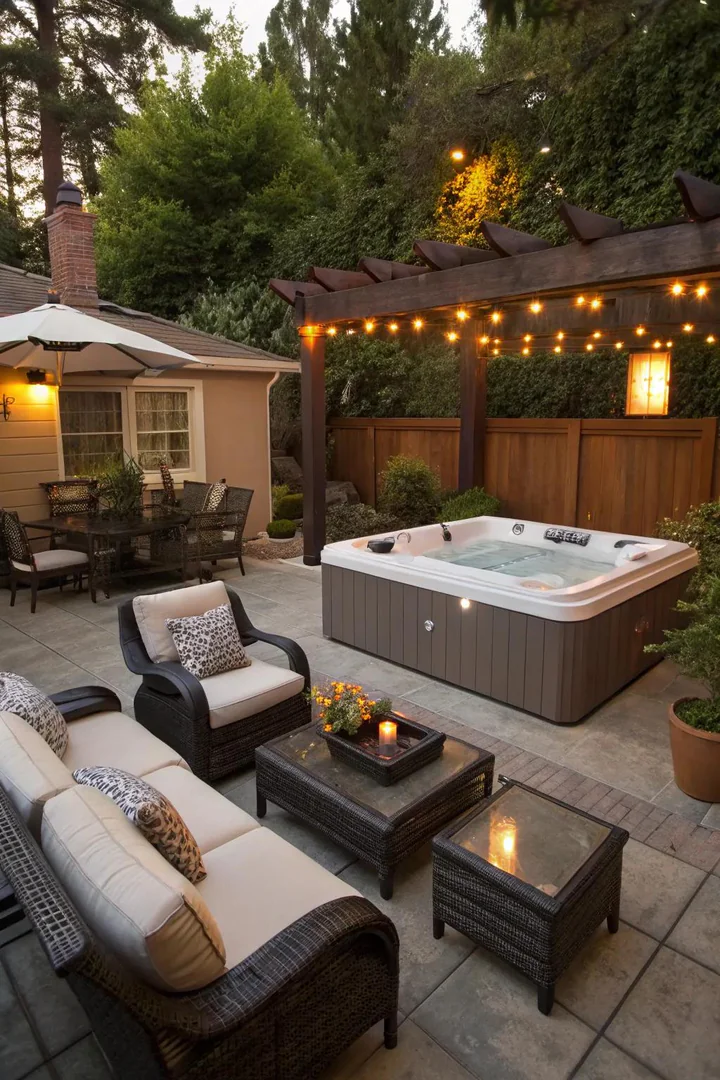 Outdoor sectional sofa and lounge chairs arranged around a hot tub on a covered patio