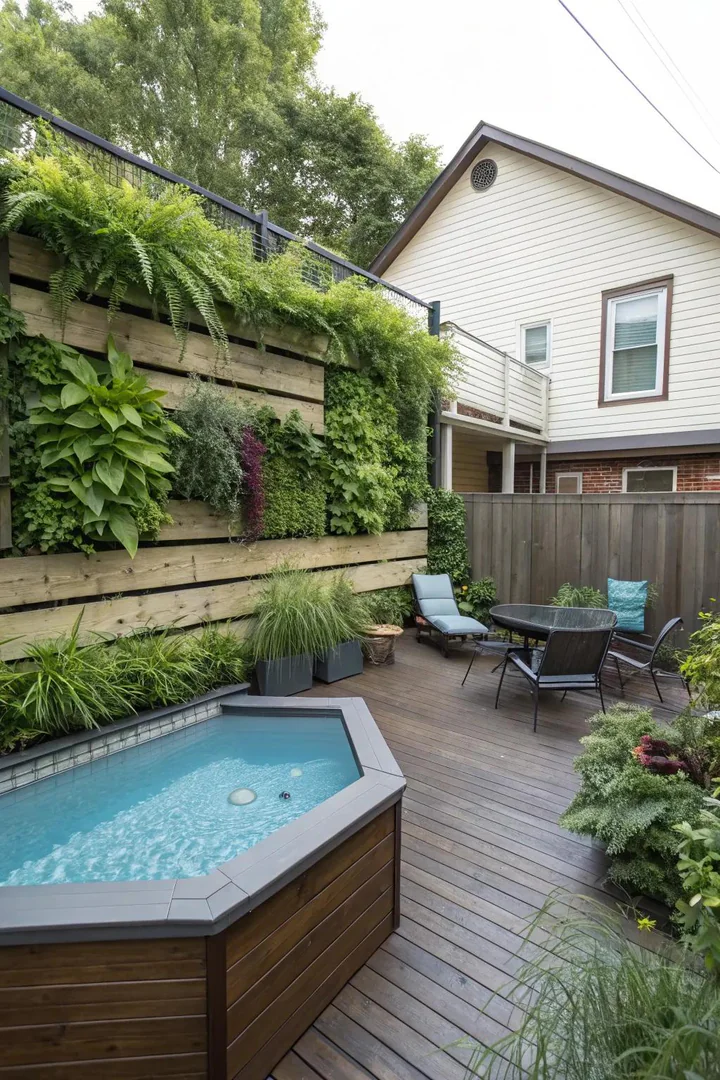 Living wall planter panel mounted on a fence behind an above-ground pool
