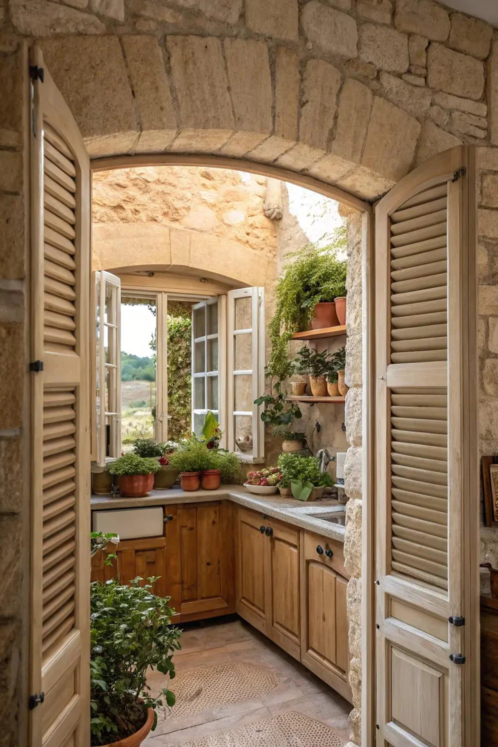 Plantation shutters on a kitchen window over the sink.