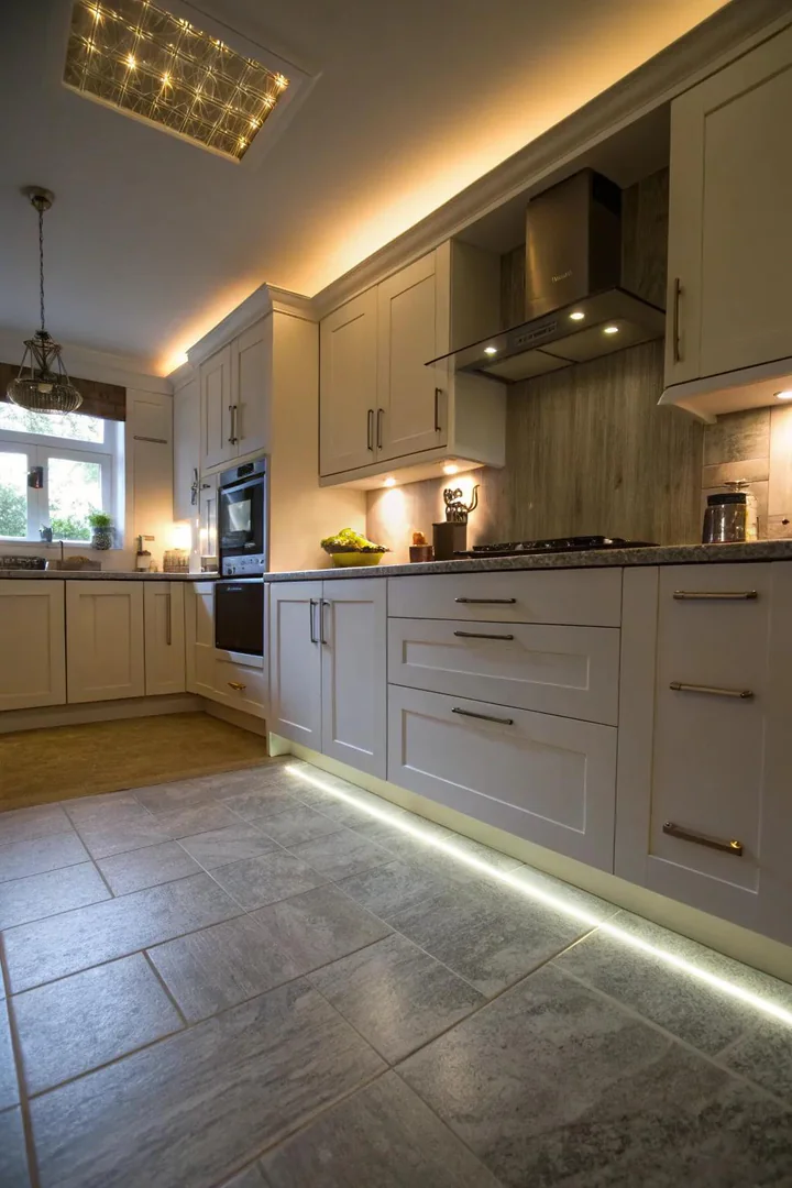 Toe-kick LED lighting in a windowless kitchen.