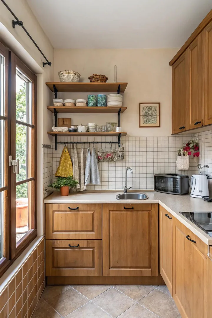 Wall-mounted pot rack and utensil rail in a small kitchen.