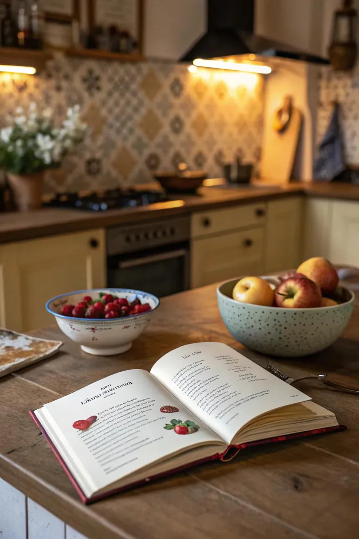 Kitchen vignette with a cookbook stand and bowl of lemons