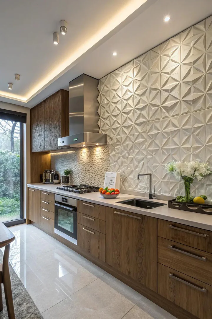 3D textured wall panels as a kitchen accent wall.