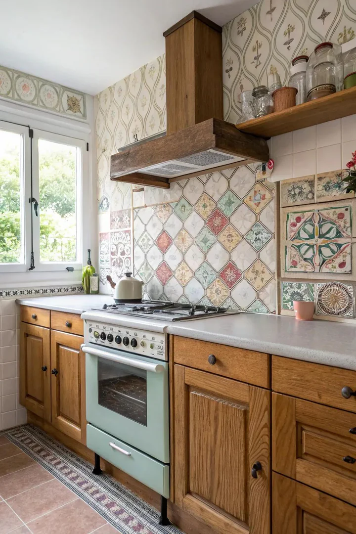 Vintage-style encaustic cement tile backsplash with floral and geometric motifs