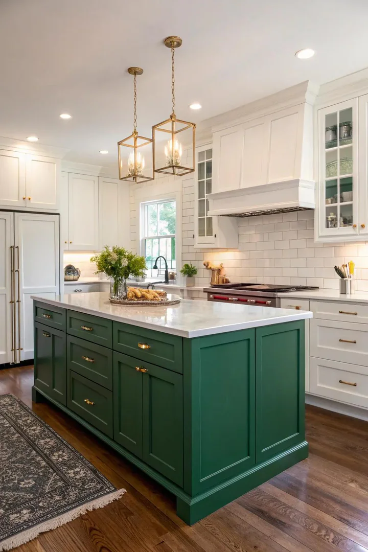 Emerald green kitchen island standing out against white cabinets